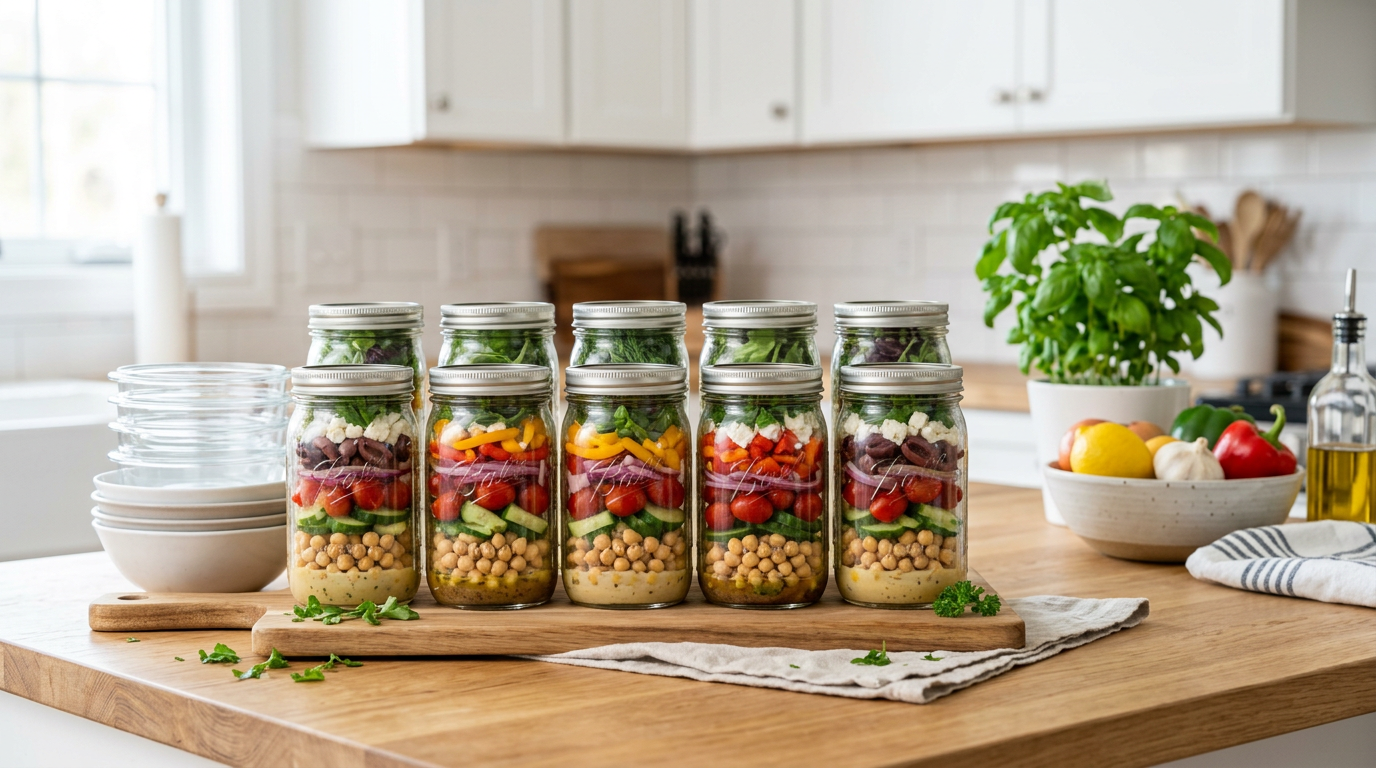 Eight 32oz mason jars layered with chickpeas, vegetables, and grains for Mediterranean meal prep