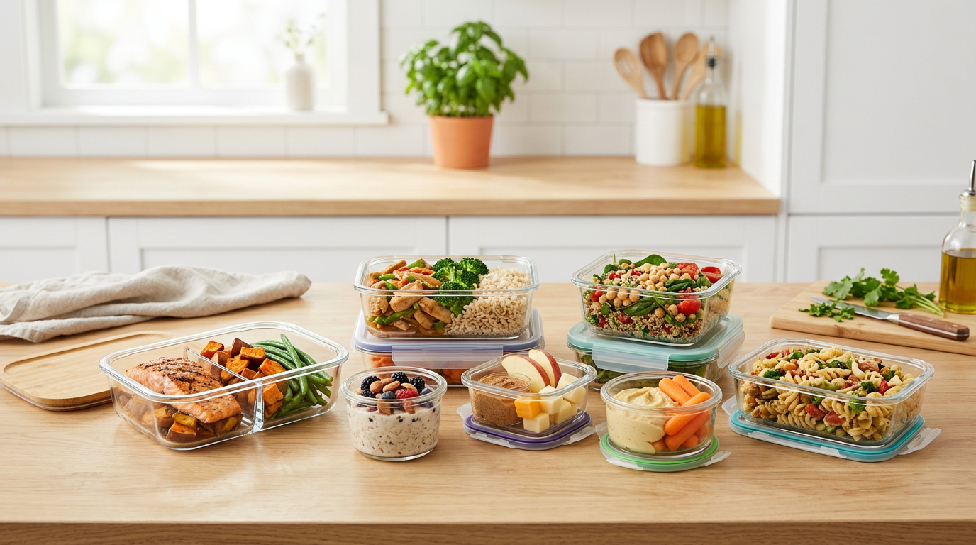 Meal prep container sizes chart showing 16oz, 24oz, 32oz, 48oz and 64oz containers